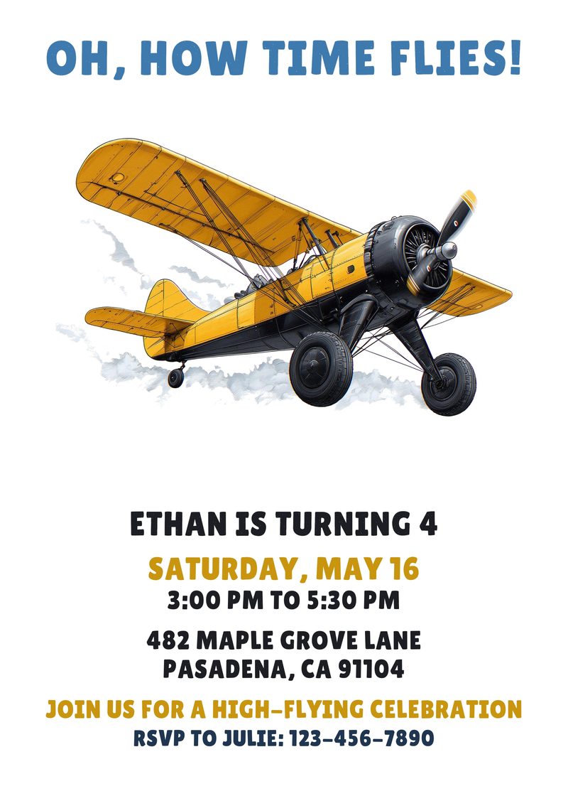Airplane birthday invitation with a vintage yellow biplane