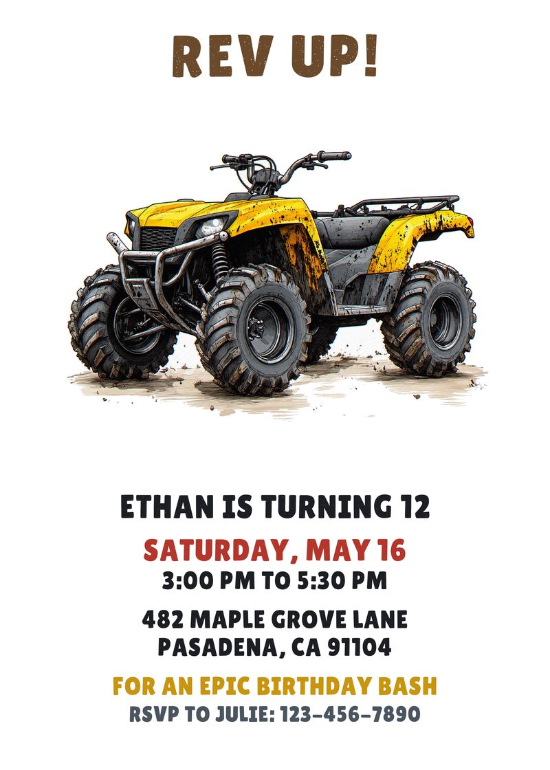ATV birthday invitation with a mud-splattered yellow four wheeler