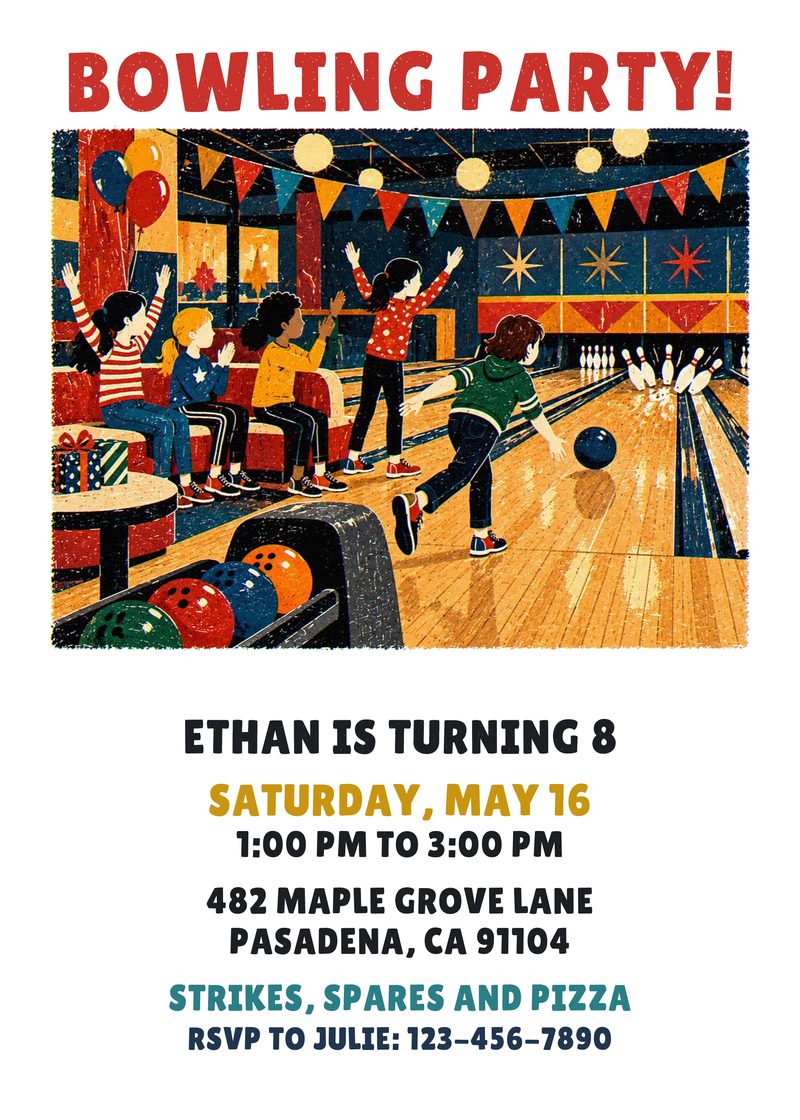 Bowling birthday invitation with kids bowling in a retro alley