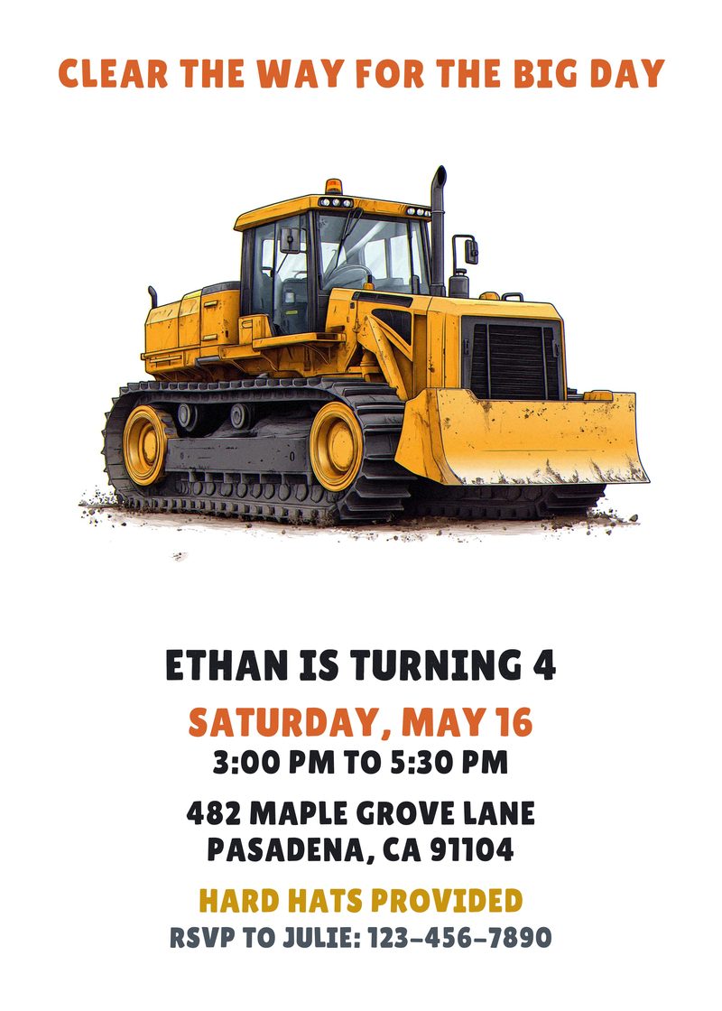 Construction birthday invitation with a yellow bulldozer