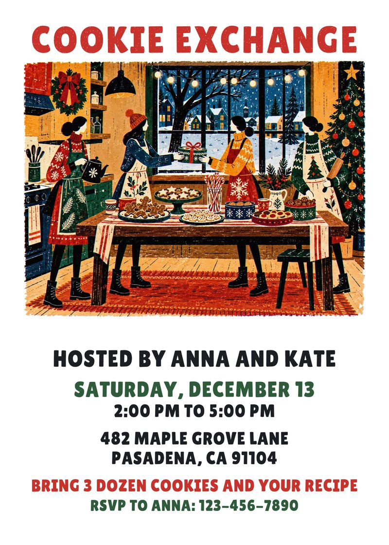 Cookie exchange party invitation with friends trading cookie tins in a cozy kitchen