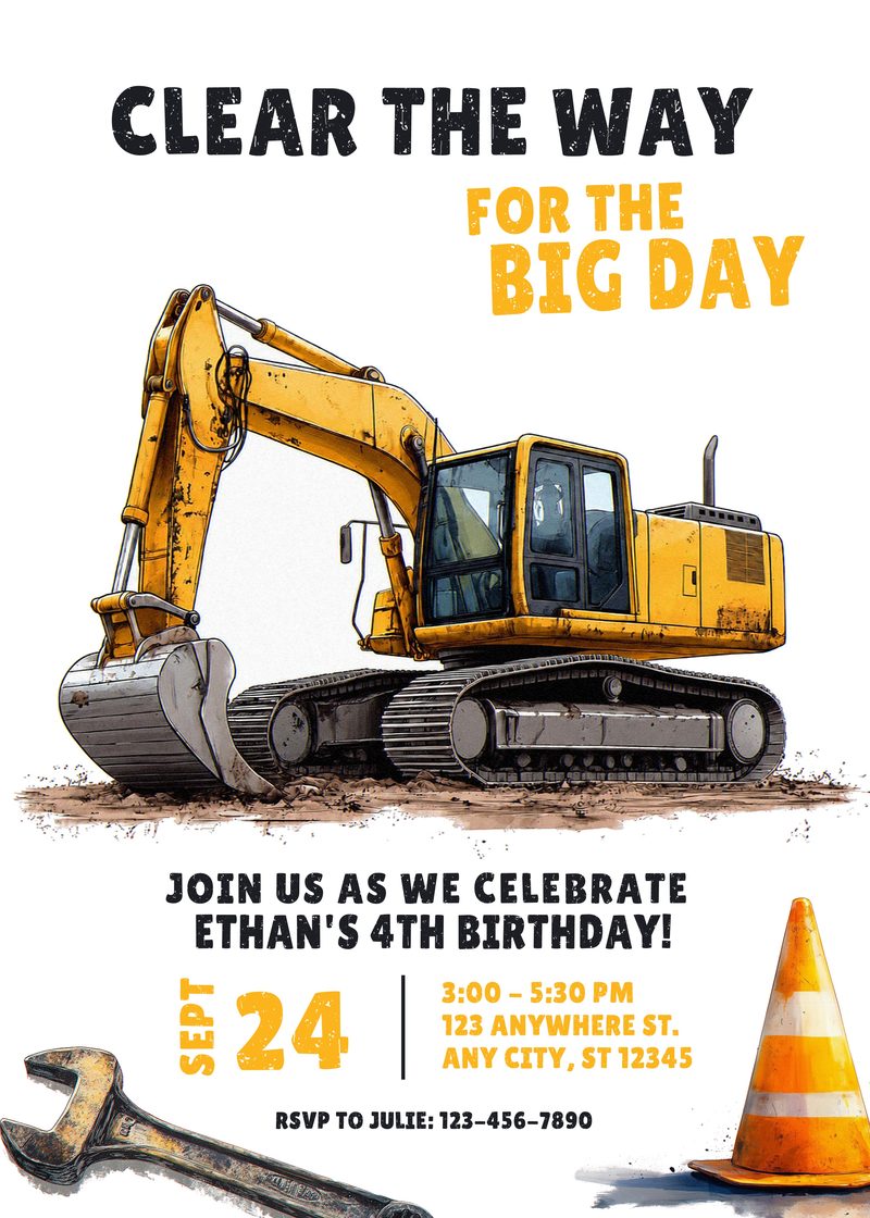 Digger birthday invitation with a yellow excavator