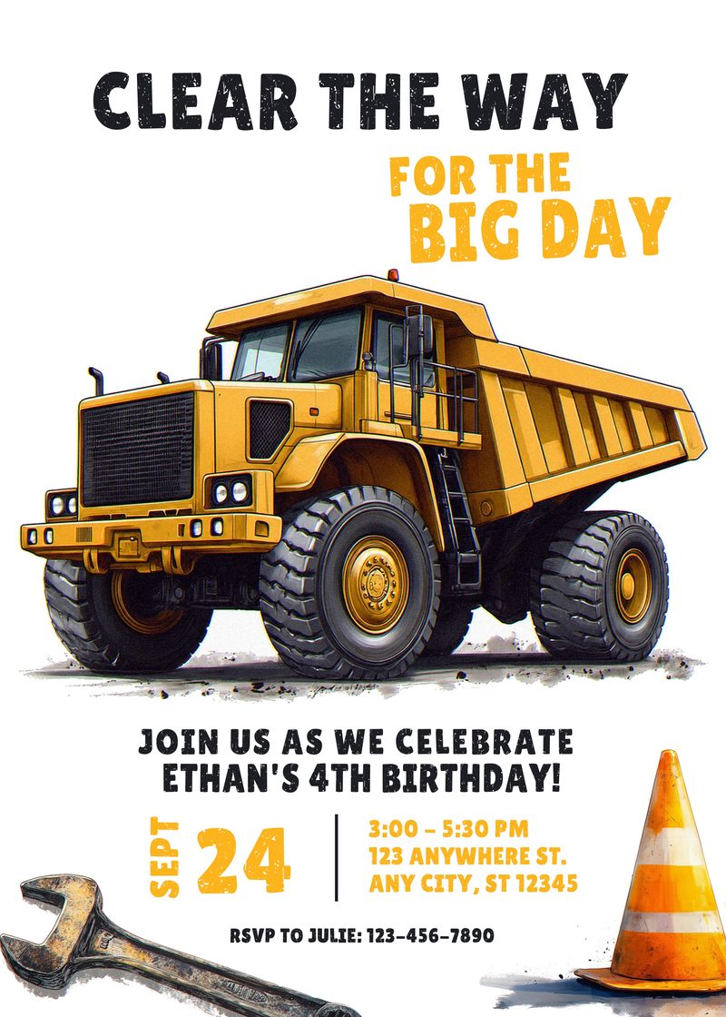 Dump Truck birthday invitation with a yellow dump truck