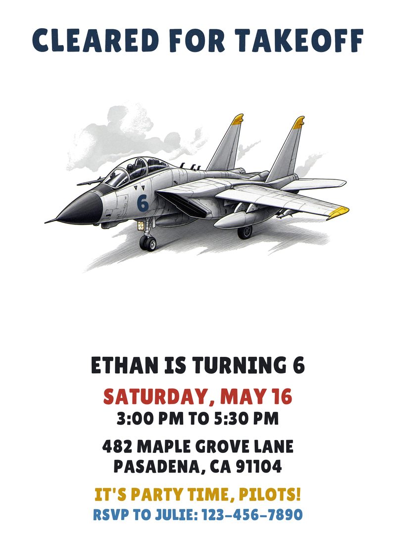 Fighter jet birthday invitation with a grey fighter jet