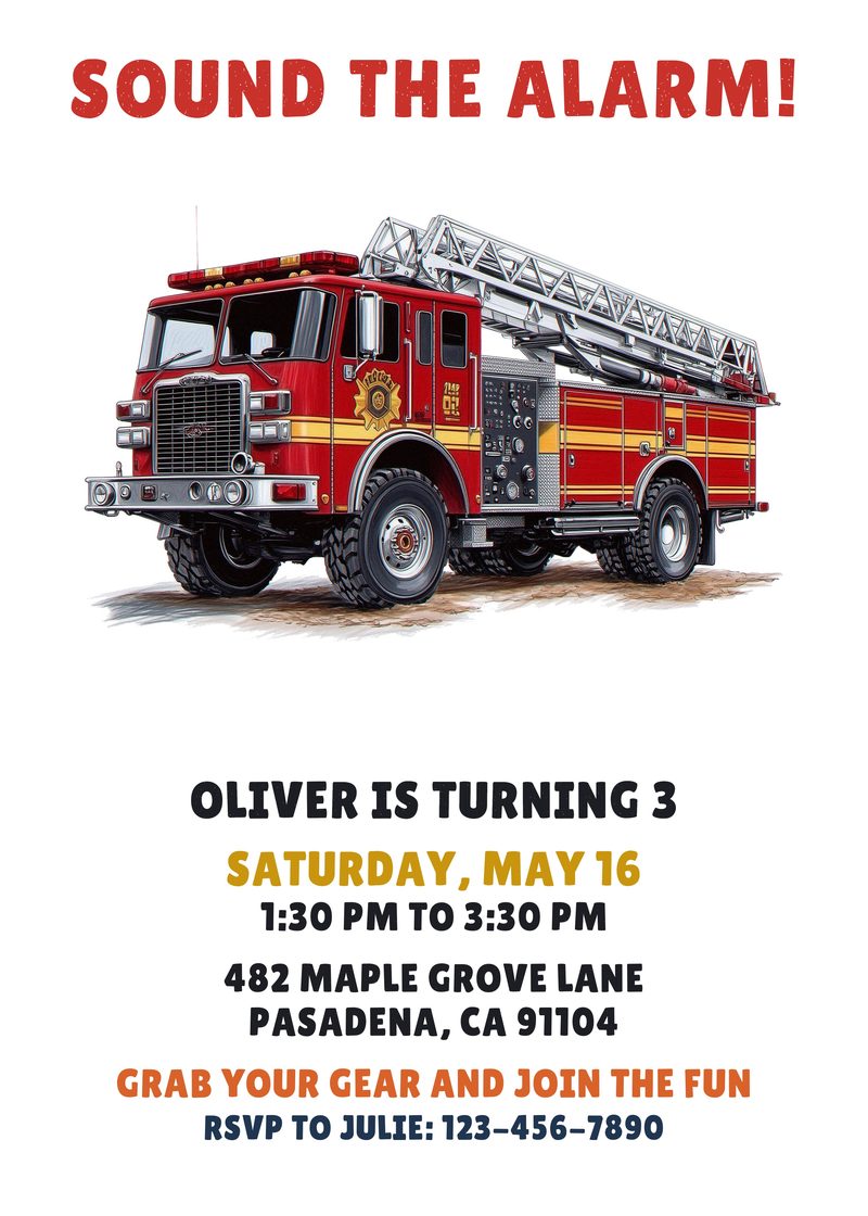 Fire truck birthday invitation with a red ladder truck