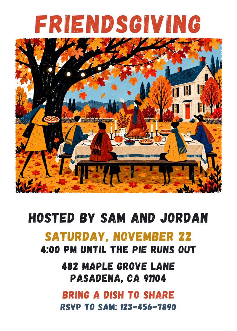 Friendsgiving invitation with friends at a long table under an autumn tree