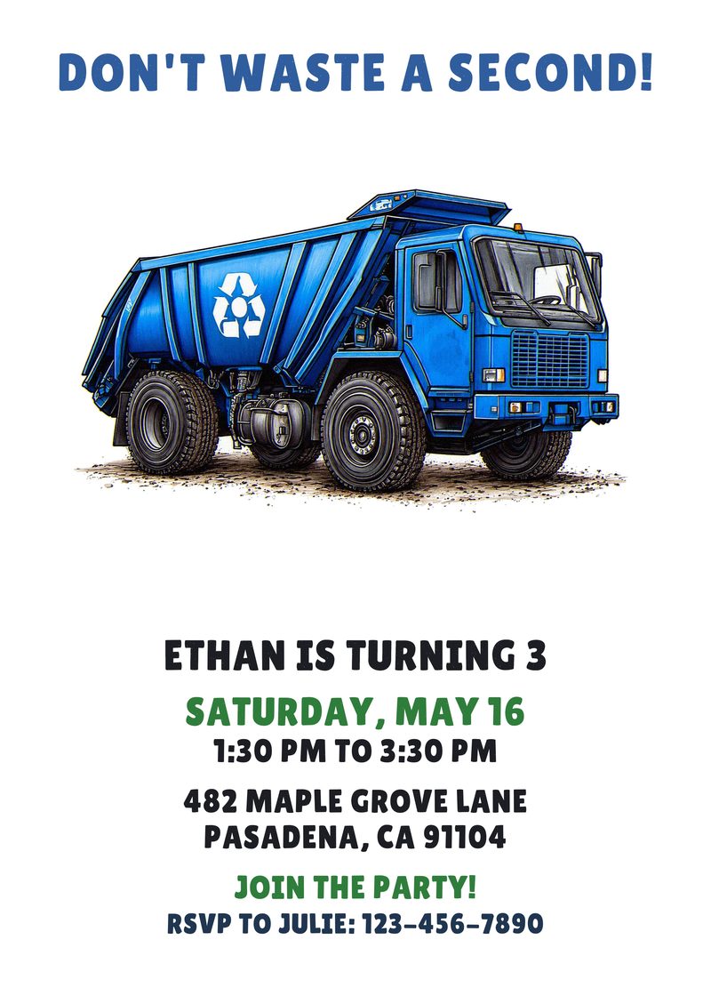 Garbage truck birthday invitation with a blue recycling truck
