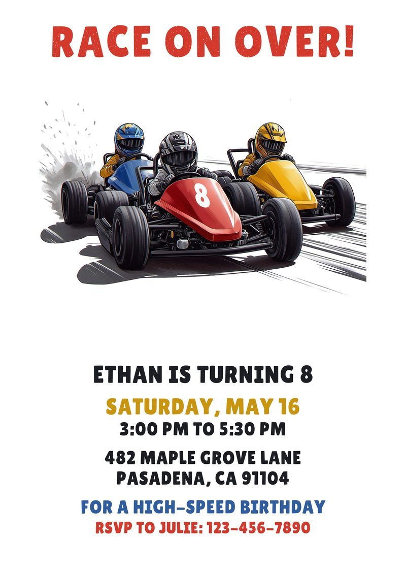 Go kart birthday invitation with three racing go karts