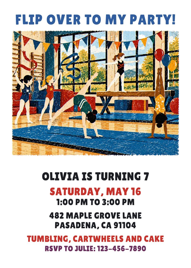 Gymnastics birthday invitation with girls tumbling in a bright gym