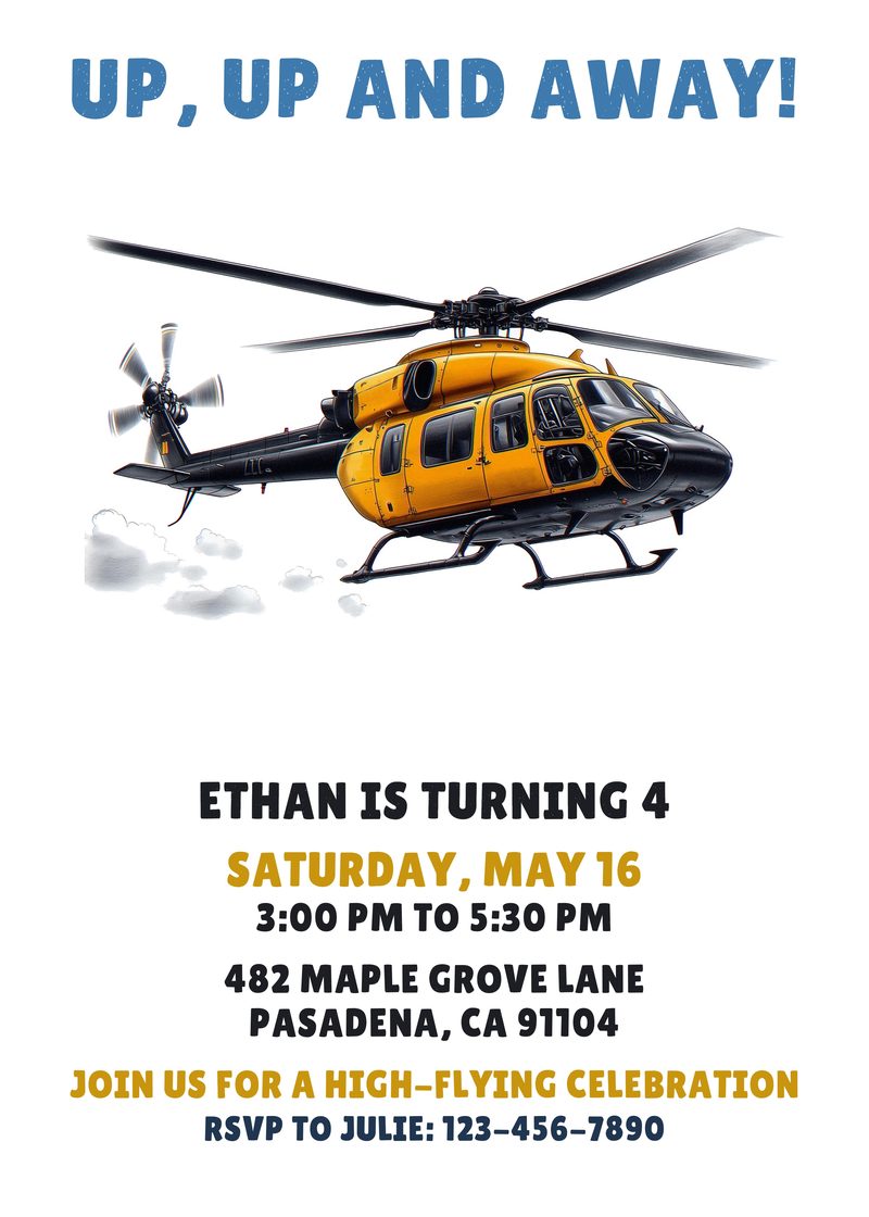 Helicopter birthday invitation with a yellow helicopter