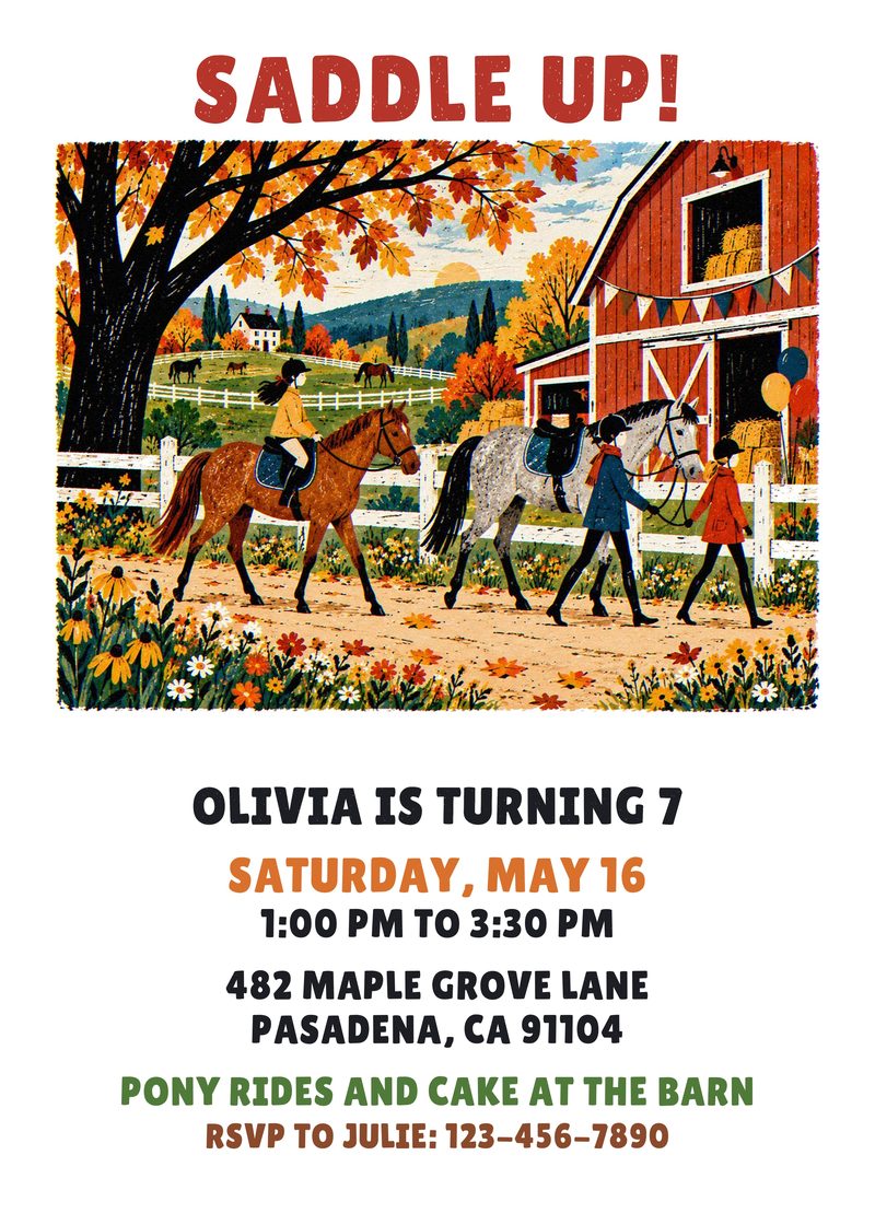 Horse birthday invitation with kids and horses by a red barn