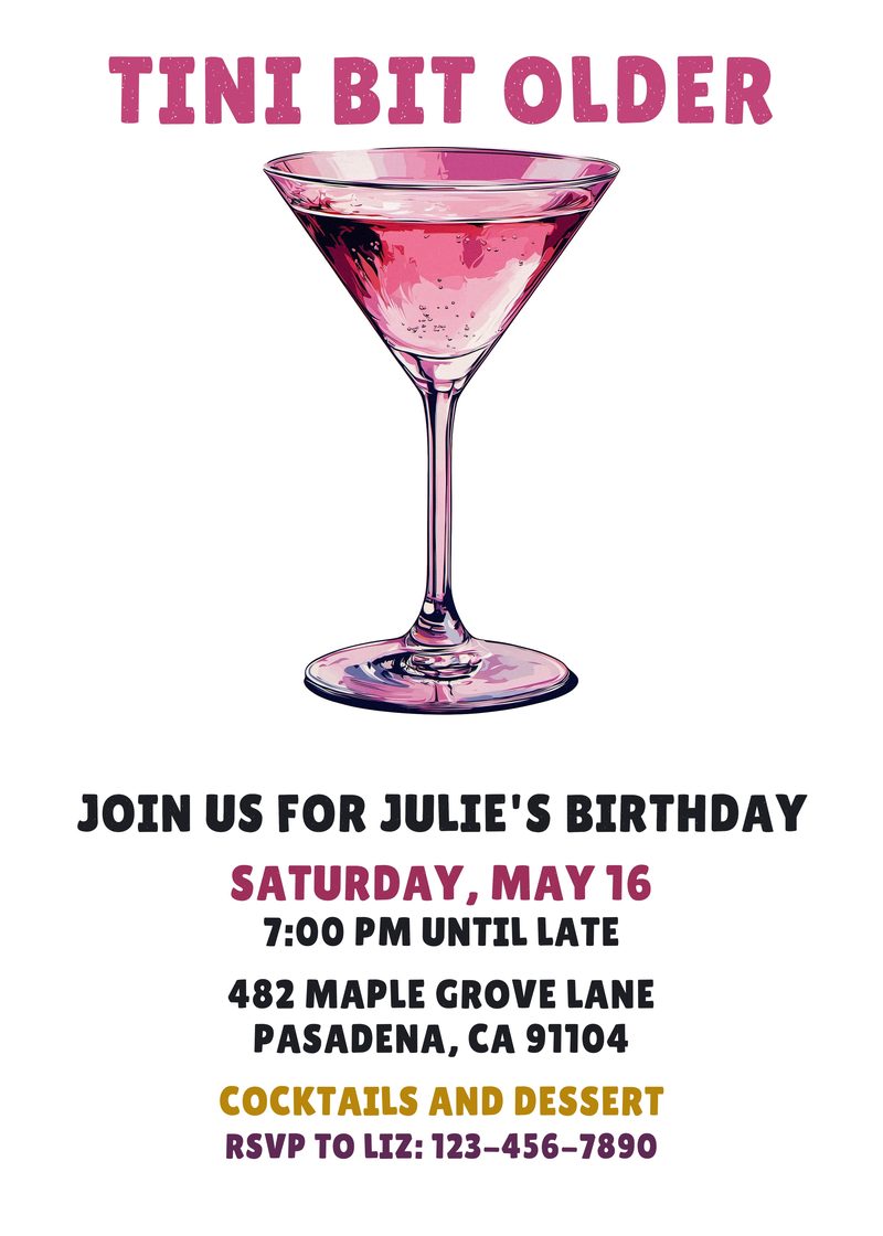 Martini birthday invitation with a pink martini glass