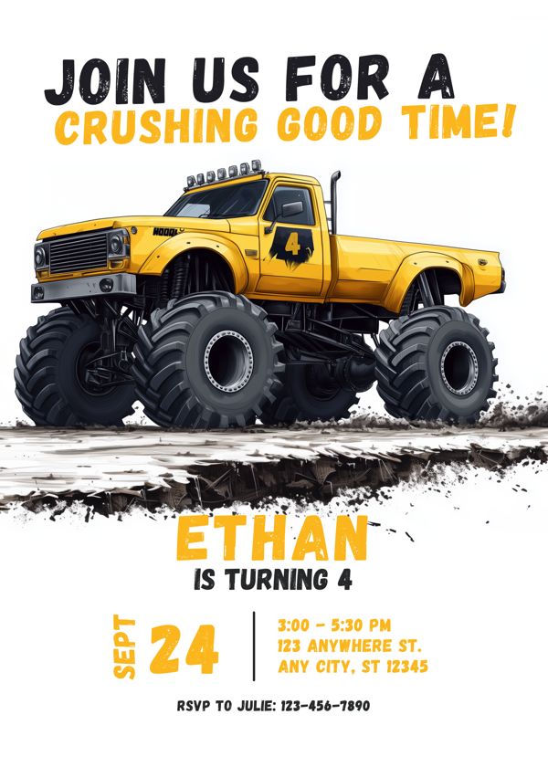 Yellow monster truck birthday invitation