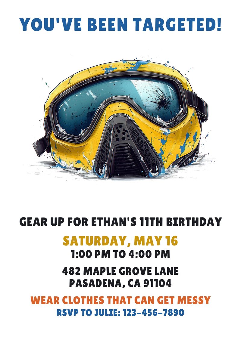Paintball birthday invitation with a paint-splattered mask