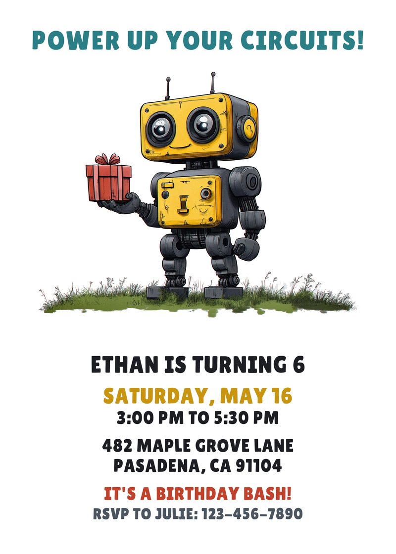 Robot birthday invitation with a yellow robot holding a present