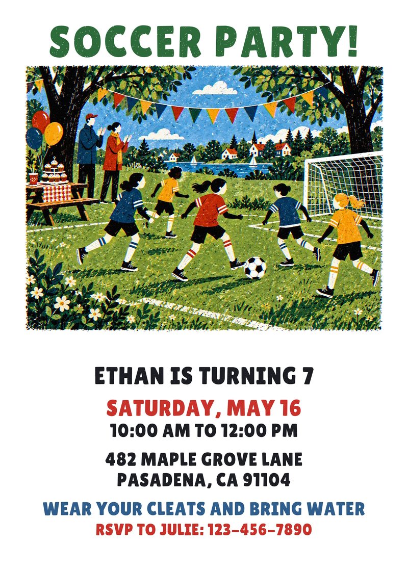 Soccer birthday invitation with kids playing soccer in a folk art park