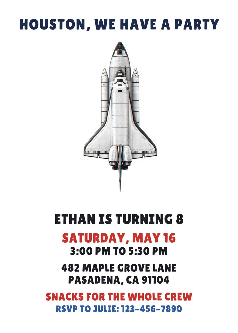 Space birthday invitation with a detailed space shuttle