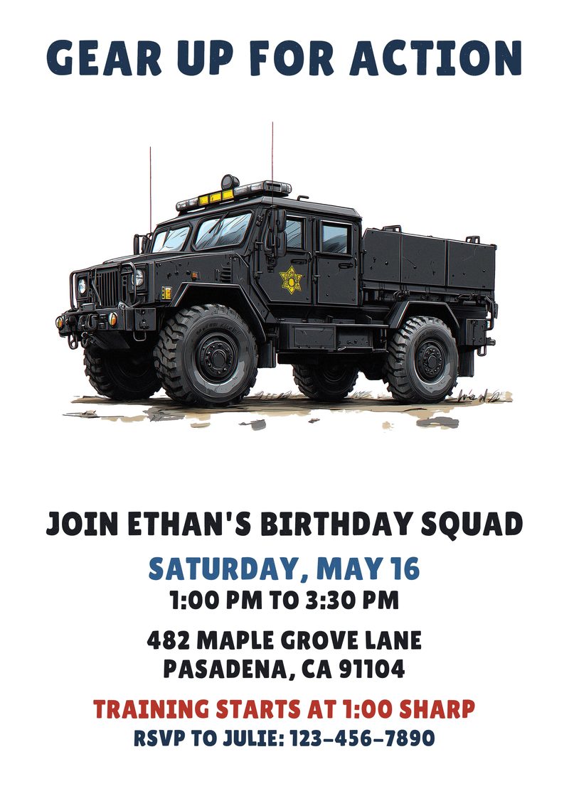 Police birthday invitation with a black SWAT truck