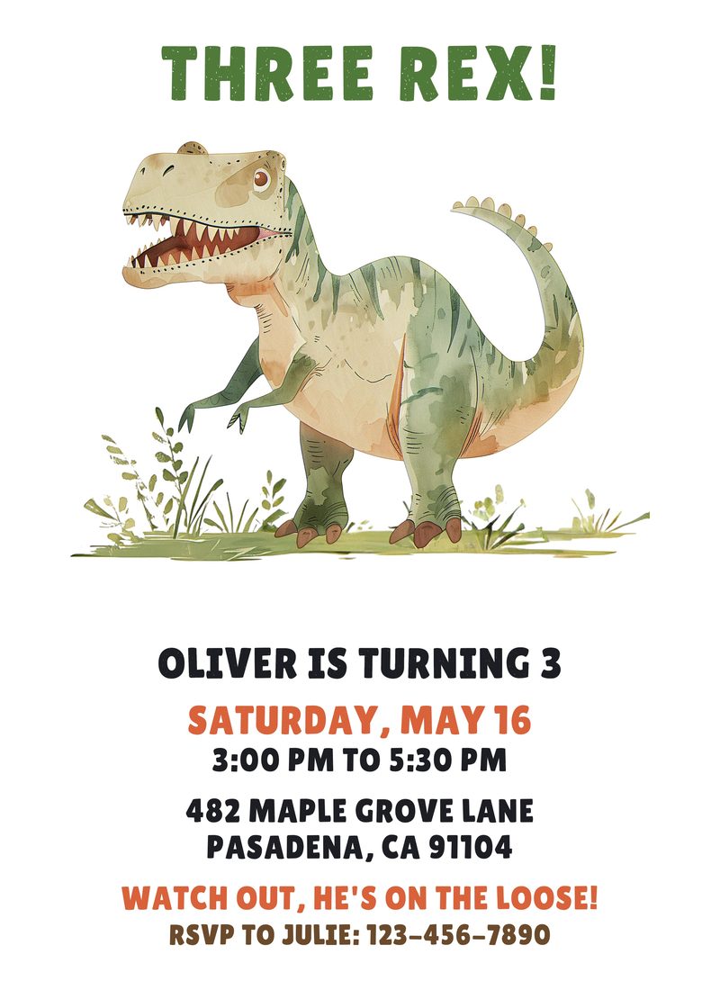Three Rex birthday invitation with a friendly green T rex
