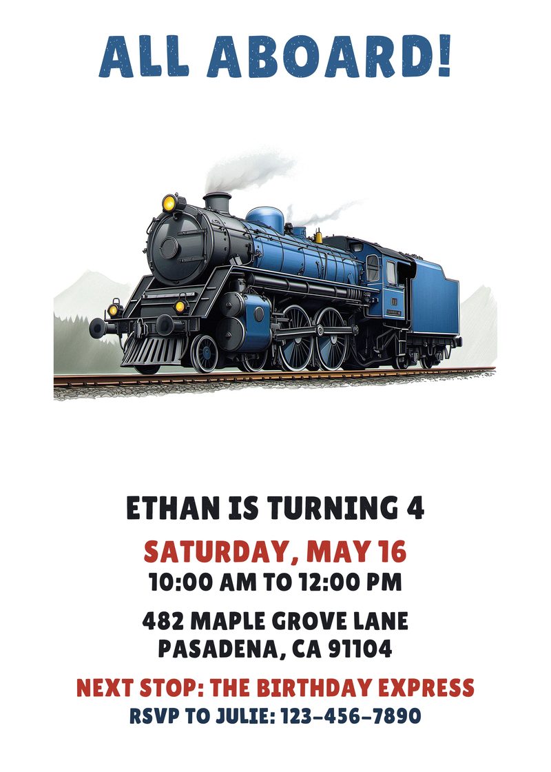 Train birthday invitation with a blue steam locomotive