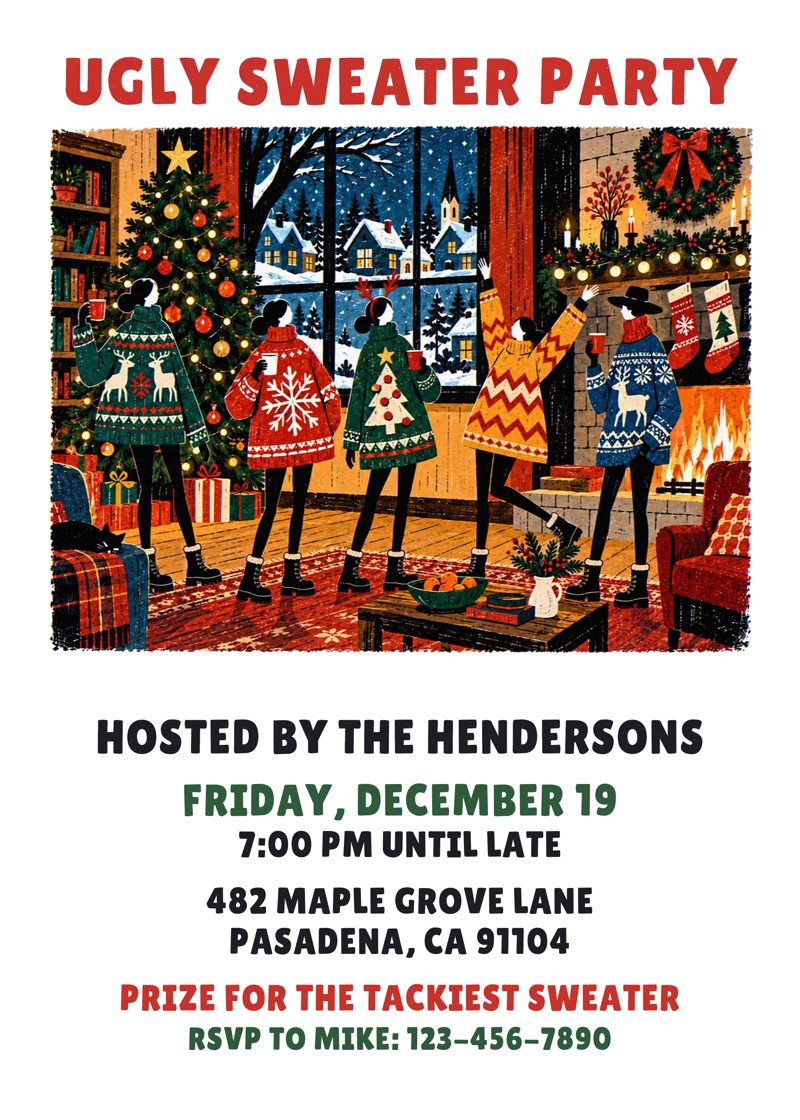Ugly sweater party invitation with friends in bold Nordic sweaters by the fire