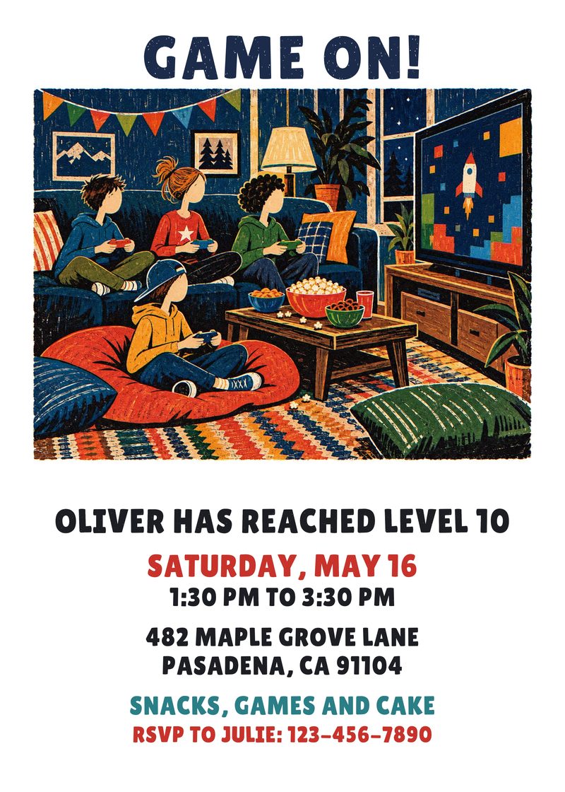 Video game birthday invitation with friends gaming on a cozy couch