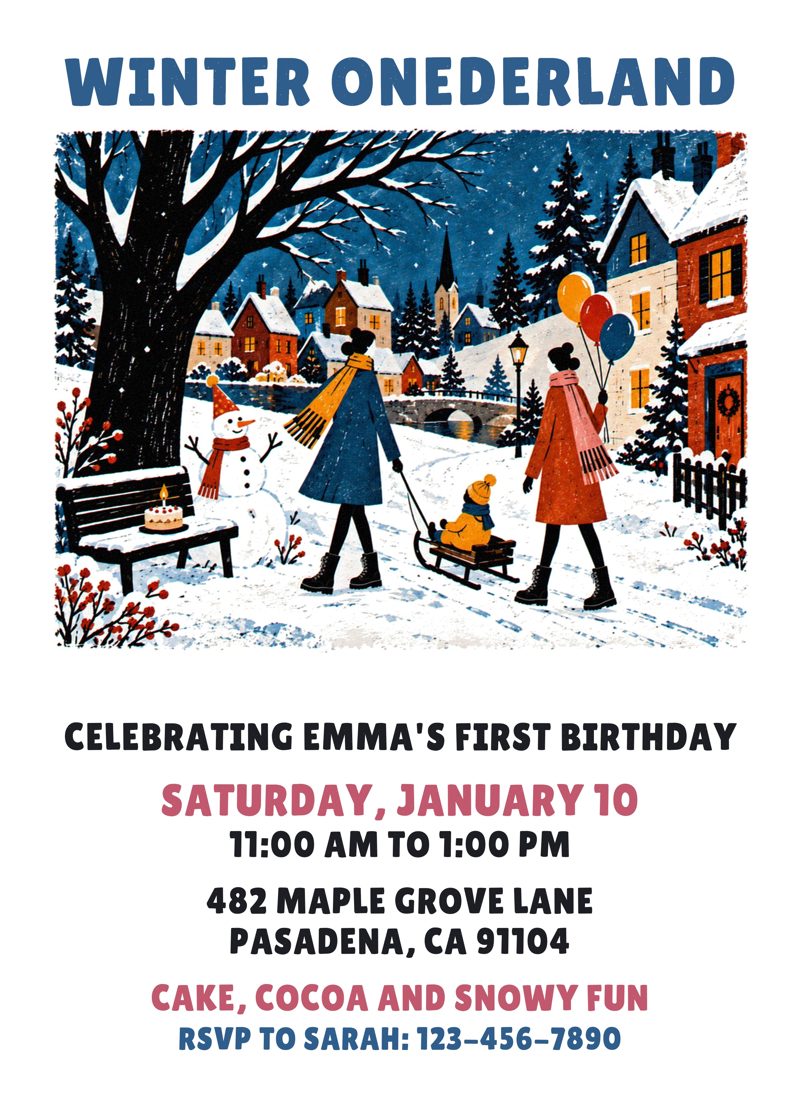 Winter Onederland first birthday invitation with a sled in a snowy folk village